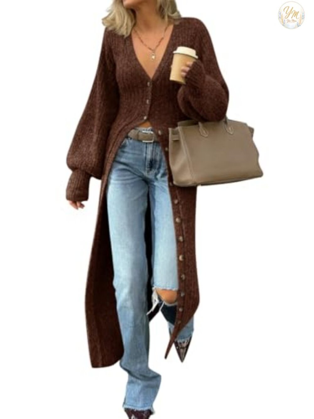 Women's Chunky Knit Long Duster Cardigan Button Down V-Neck Maxi Sweater Dress